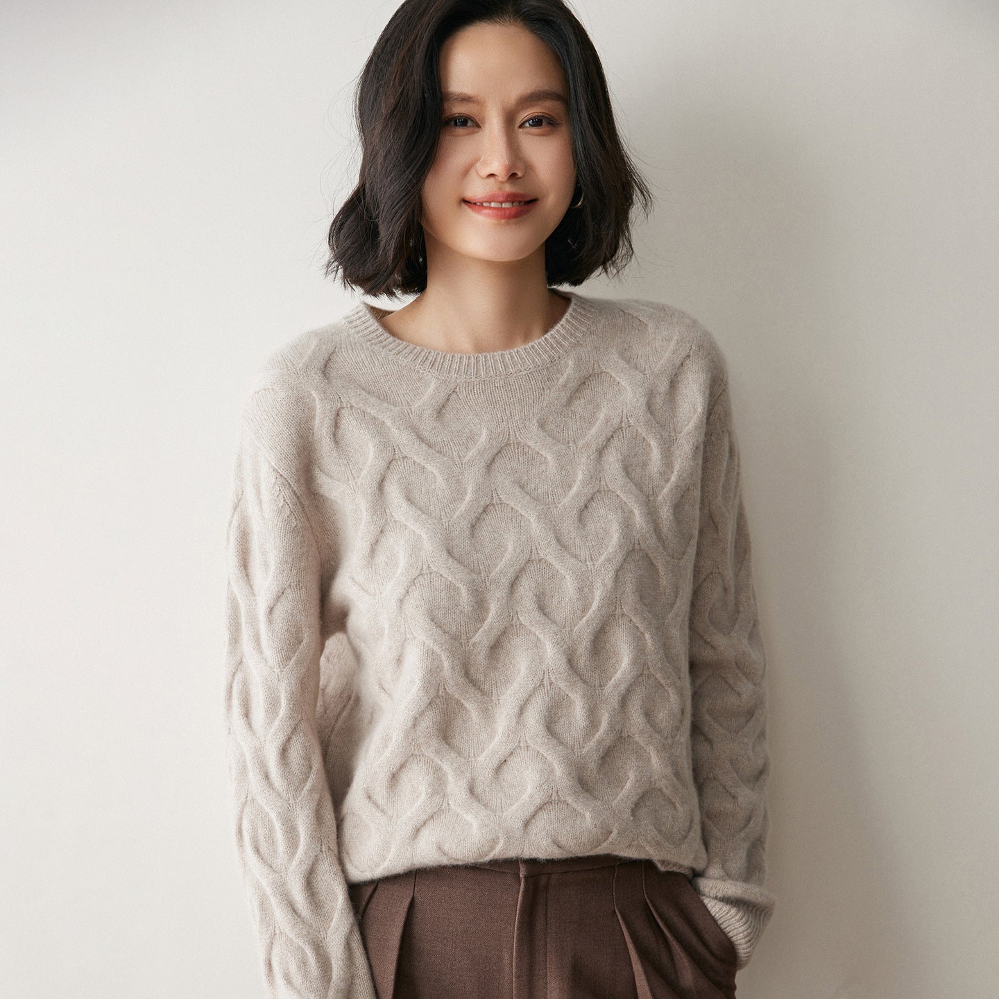 Womens Cashmere Sweater Cable Knit Cashmere Pullover Ribbed Crew Neckline Oatmeal XS