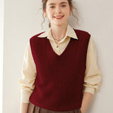 Womens Cashmere Sweater Cashmere Vest V Neck Cable Knit Sleeveless Pullover Claret XS