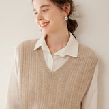 Womens Cashmere Sweater Cashmere Vest V Neck Cable Knit Sleeveless Pullover Taupe XS