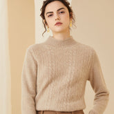 Women's Cashmere Sweater Warm Mock Neck Long Sleeve Cashmere Sweater Beige XS