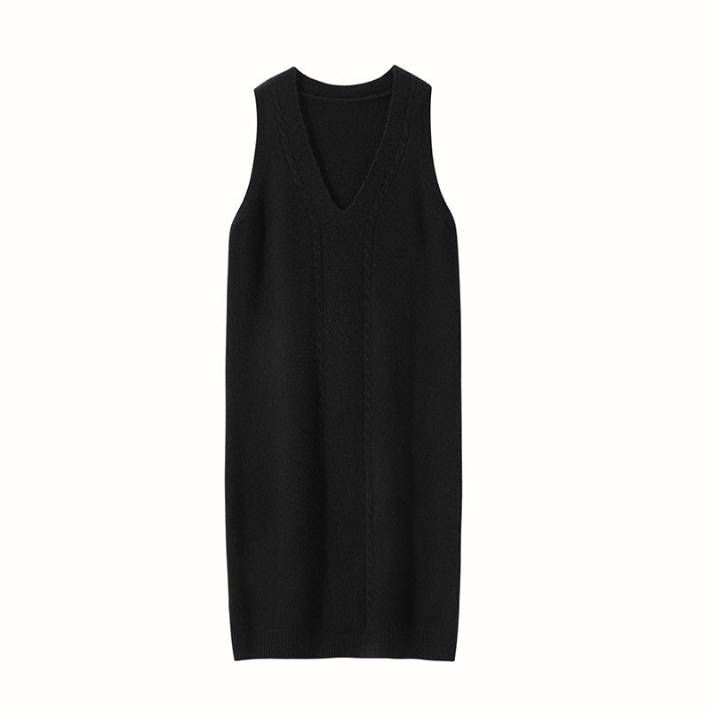 Womens Cashmere Vest Dress V Neck Cable Knit Sleeveless Cashmere Midi Dress Black XS