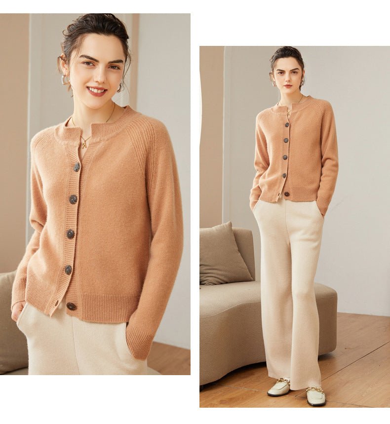 Womens Crew Neck Button - Up Cashmere Cardigan With Ribbed Trim