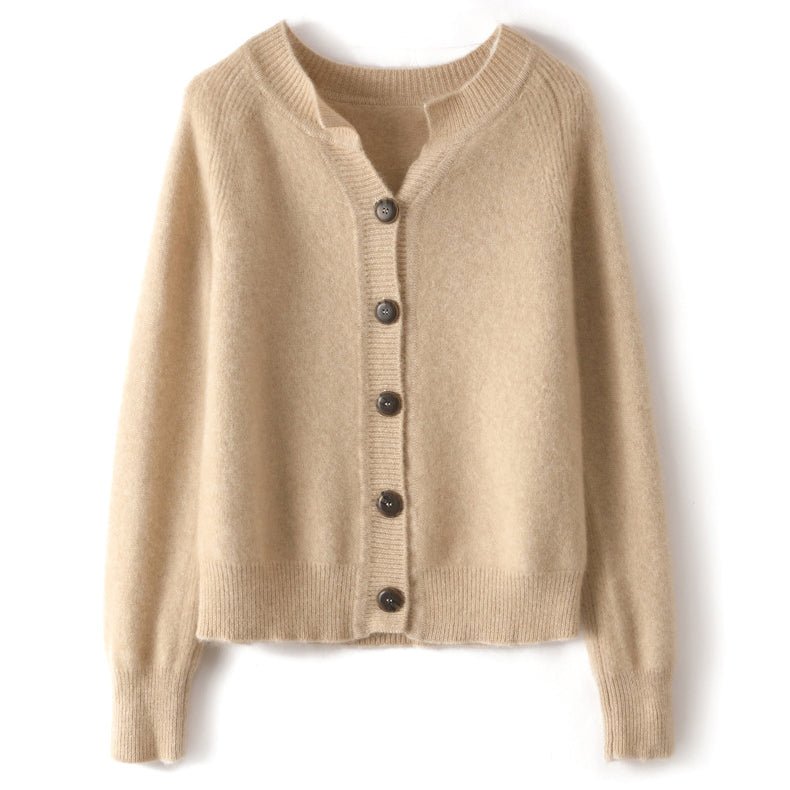 Womens Crew Neck Button - Up Cashmere Cardigan With Ribbed Trim