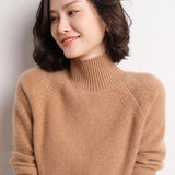 Womens Long Sleeves Cashmere Turtleneck Sweater Ribbed Cuffs Camel XS