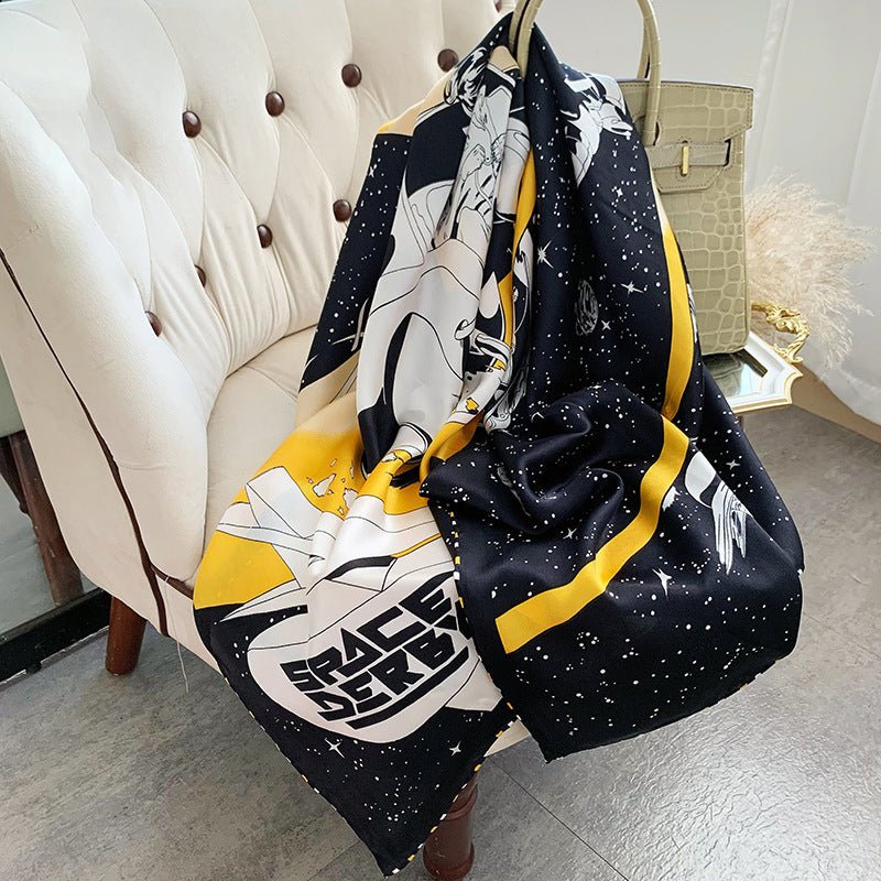 Womens Colorful Long Silk Scarf Landscape Print Square Silk Scarves