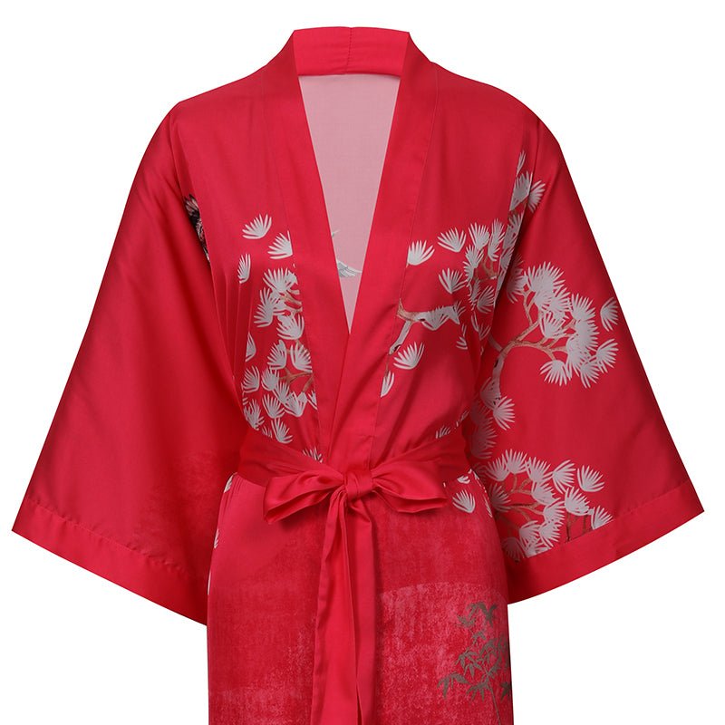 Women's Cranes Print Silk Kimono Robe Blossoms Silk Robe