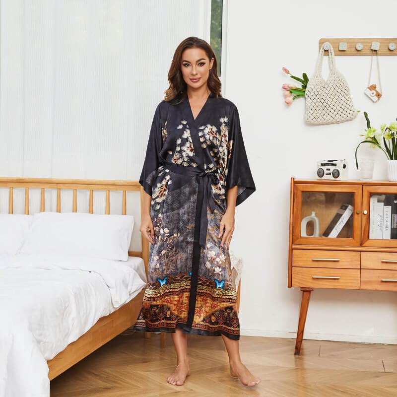 Women's Cranes Print Silk Kimono Robe Blossoms Silk Robe Black One size fits most