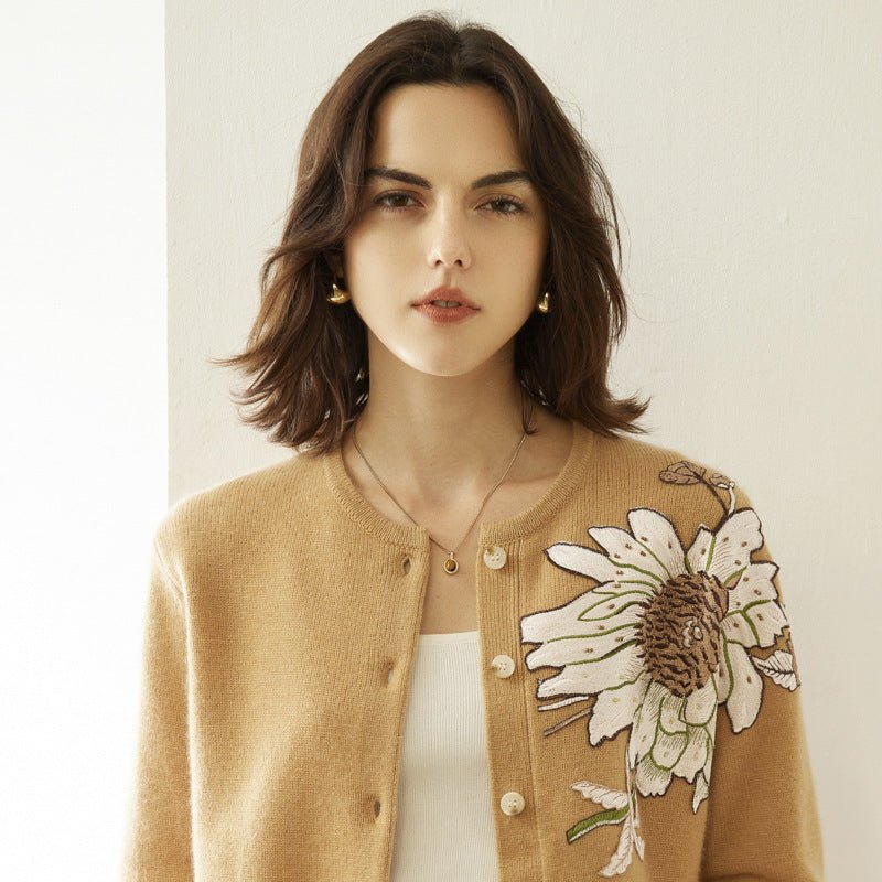 Womens Floral Embroidered Cashmere Cardigan Crew Neck Sunflower Coat