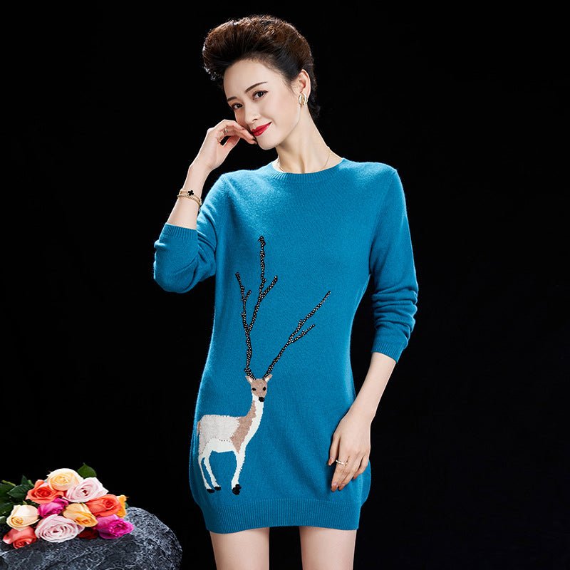 Womens Crew Neck Cashmere Sweater Dress with Deer Embroidery