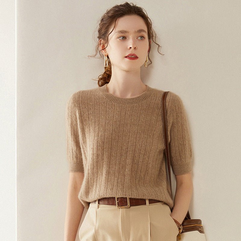 Womens Crew Neck Cashmere Sweater Short Sleeve Textured Cashmere Knit Top Camel XS