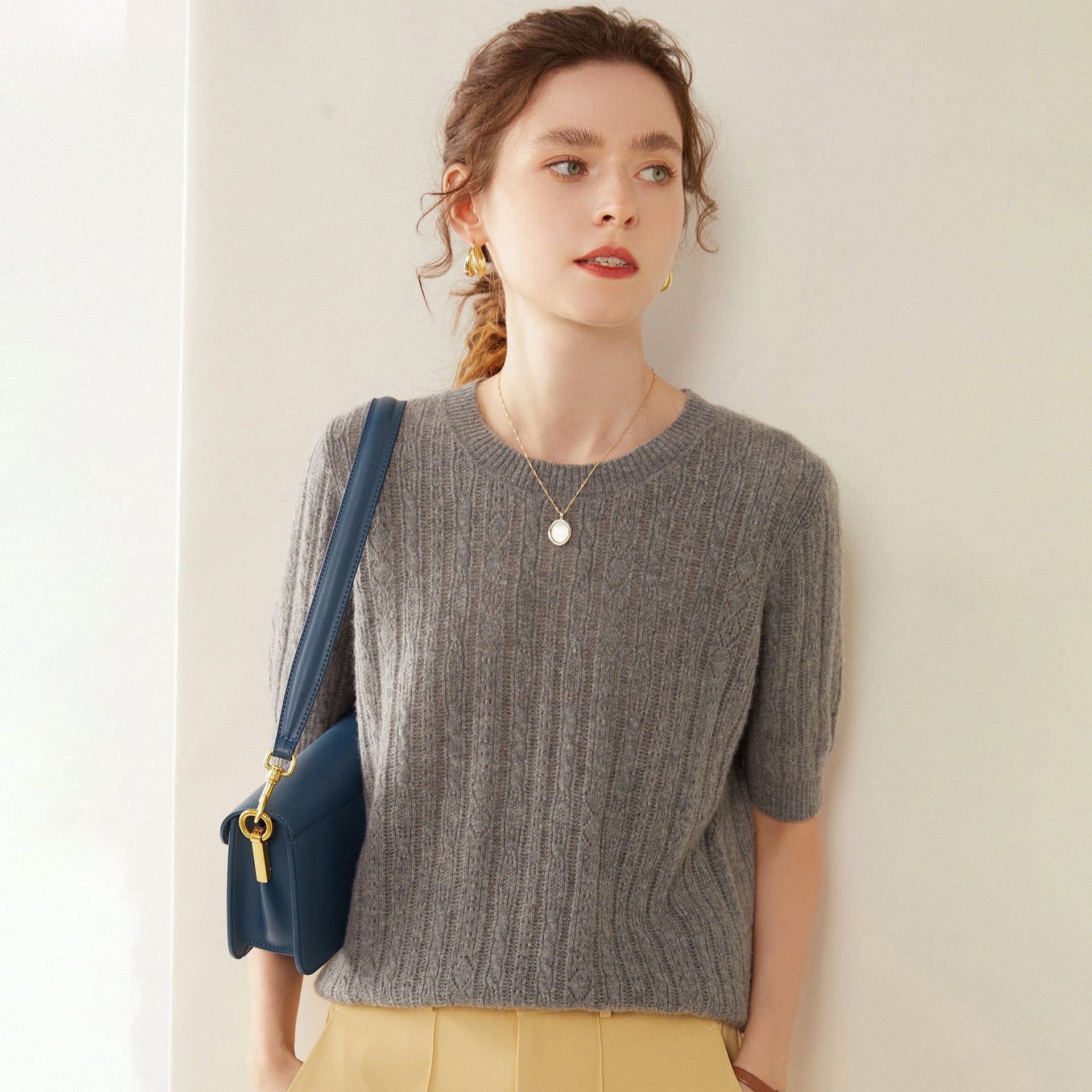Womens Crew Neck Cashmere Sweater Short Sleeve Textured Cashmere Knit Top Gray XS