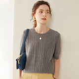 Womens Crew Neck Cashmere Sweater Short Sleeve Textured Cashmere Knit Top Gray XS