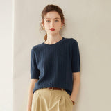 Womens Crew Neck Cashmere Sweater Short Sleeve Textured Cashmere Knit Top Blue XS