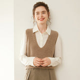 Womens Deep V Neck Cashmere Sweater Cashmere Vest Ribbed Trim Taupe XS