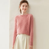 Womens Diamond Knit Cashmere Sweater Long Sleeve Crew Neck Cashmere Pullover Pink XS