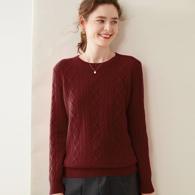Womens Diamond Knit Cashmere Sweater Long Sleeve Crew Neck Cashmere Pullover Angora Red XS
