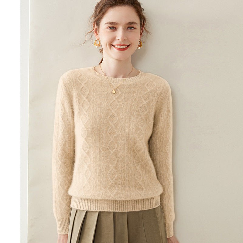 Womens Diamond Knit Cashmere Sweater Long Sleeve Crew Neck Cashmere Pullover Beige XS