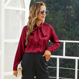 Womens Silk Blouse Long Sleeve Bow - tie Neck Silk Shirts