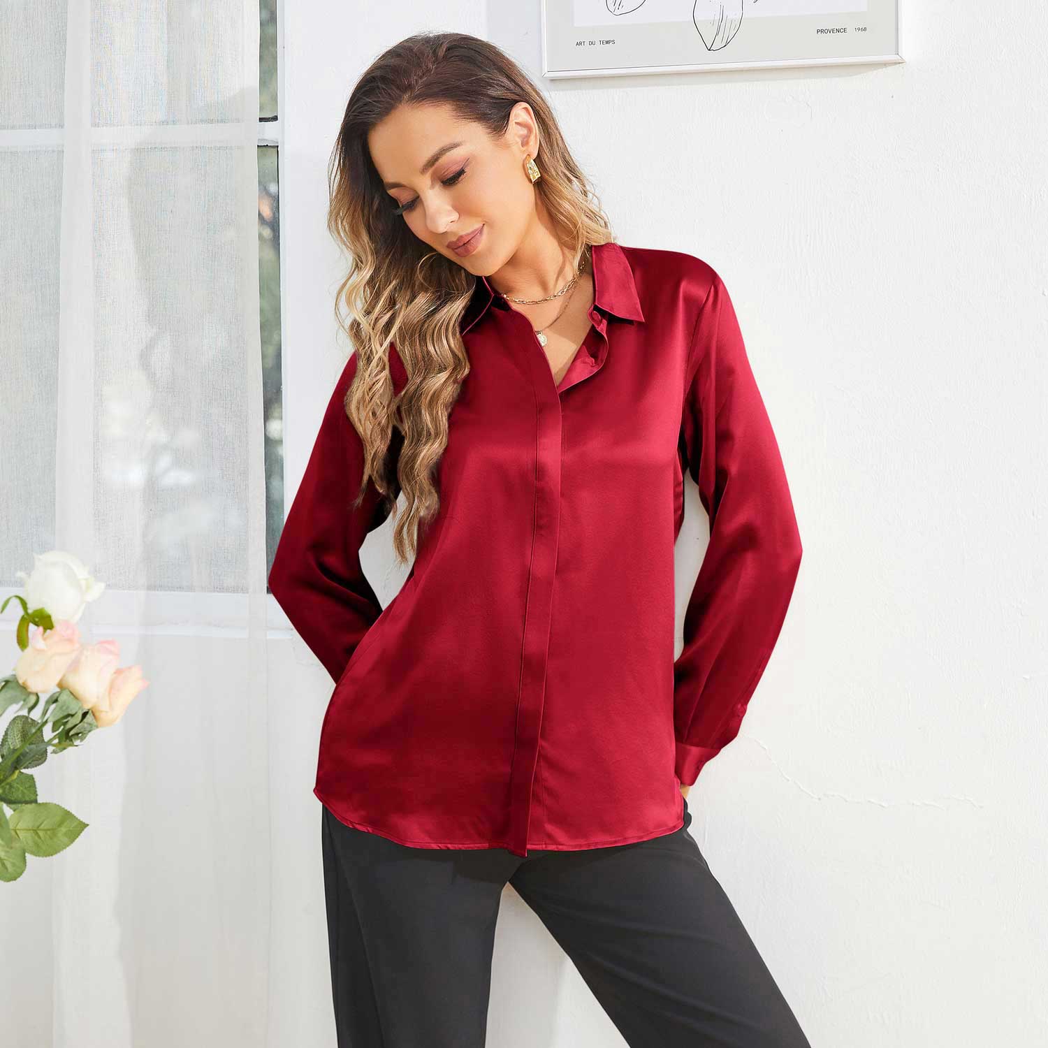 Women's Work Silk Shirts Hidden Placket Silk Blouse