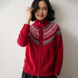 Womens Fair Isle Cashmere Cardigan Full Zip Mock Neck Cashmere Sweater Red XS