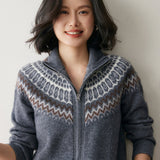 Womens Fair Isle Cashmere Cardigan Full Zip Mock Neck Cashmere Sweater Gray XS