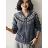 Womens Fair Isle Cashmere Cardigan Full Zip Mock Neck Cashmere Sweater Gray XS