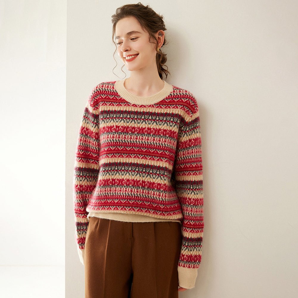 Womens Fair Isle Cashmere Knit Sweater Crew Neck Cashmere Pullover Claret XS