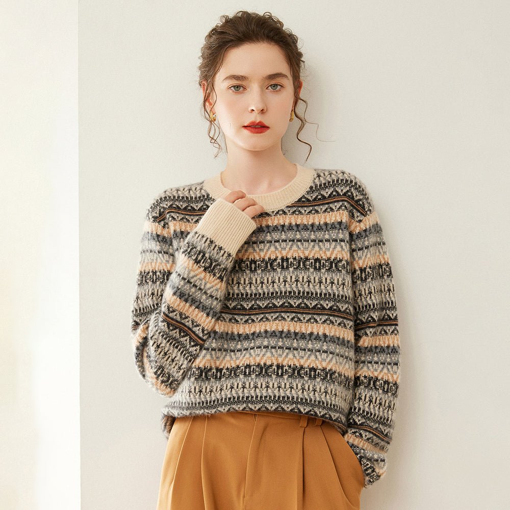 Womens Fair Isle Cashmere Knit Sweater Crew Neck Cashmere Pullover Gray XS