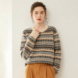 Womens Fair Isle Cashmere Knit Sweater Crew Neck Cashmere Pullover Gray XS