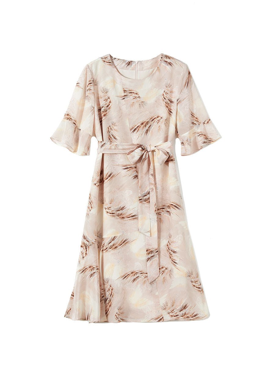 Womens Feather Print Silk Midi Dress with Waist Tie Short Sleeve Silk Floral Dress Pink XS