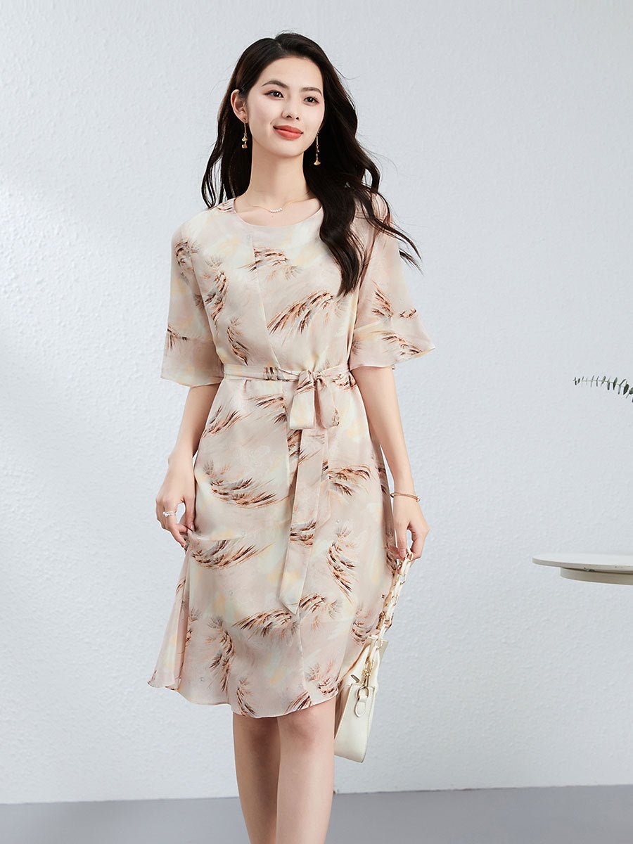Womens Feather Print Silk Midi Dress with Waist Tie Short Sleeve Silk Floral Dress Pink XS