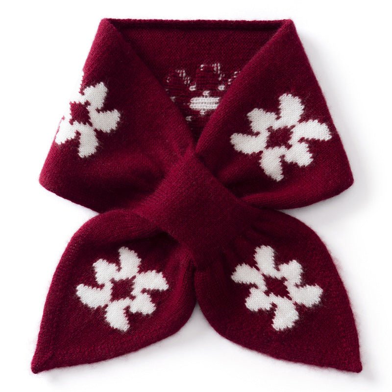 Womens Floral Knit Cashmere Scarf Bow Knot Cashmere Neck Warmer Angora Red M
