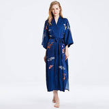 womens floral pure Silk Kimono Robes 100% Mulberry Silk Bathrobe Navy Blue One size fits most