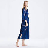 womens floral pure Silk Kimono Robes 100% Mulberry Silk Bathrobe Navy Blue One size fits most