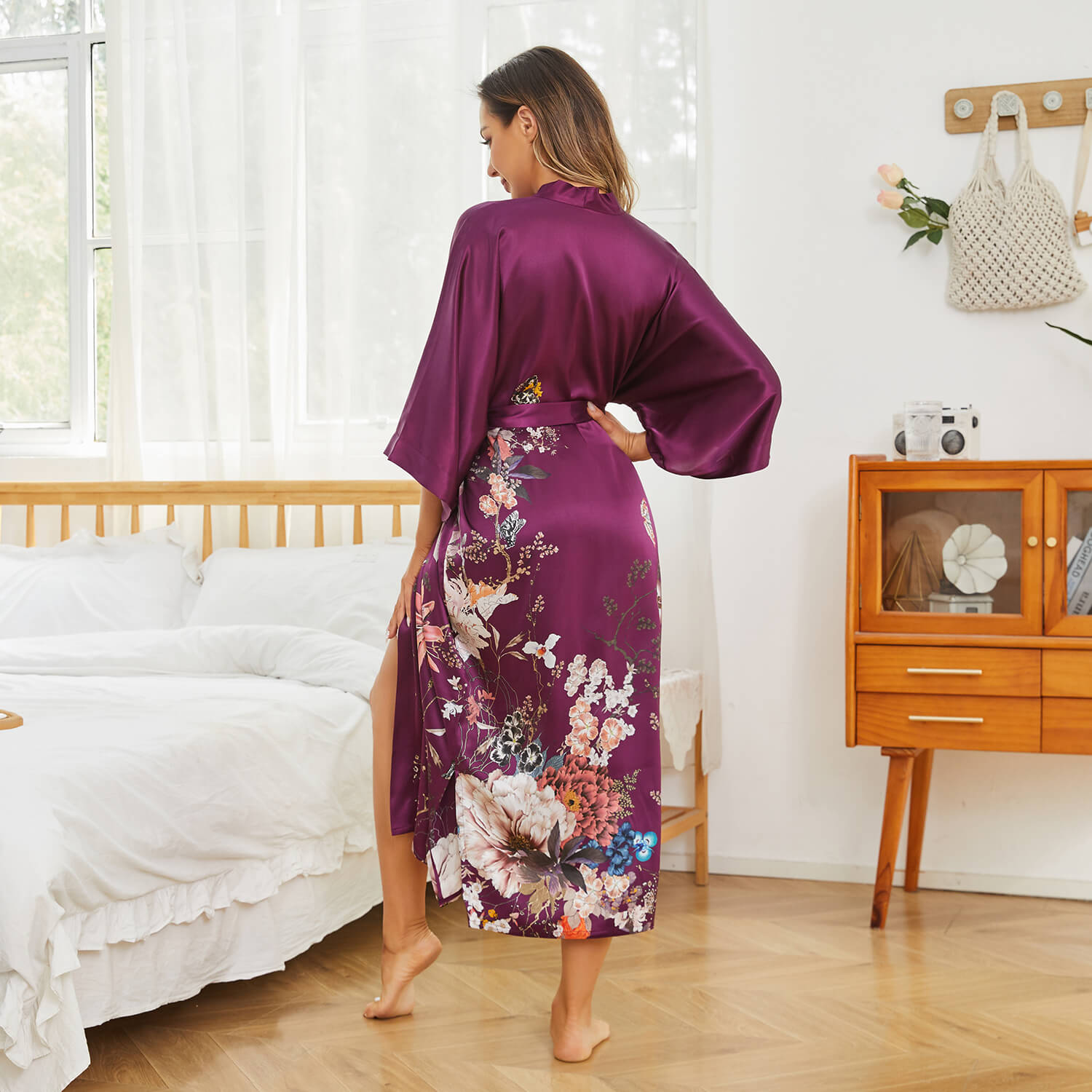 Women's Floral Pure Silk Kimono Robes Mulberry Silk Robes