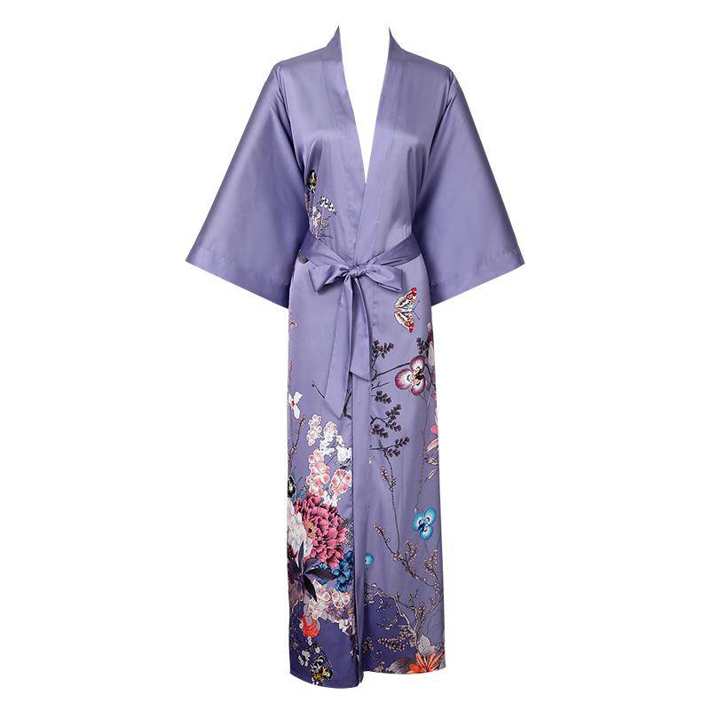 Women's Full Length Floral Print Silk Kimono Robes