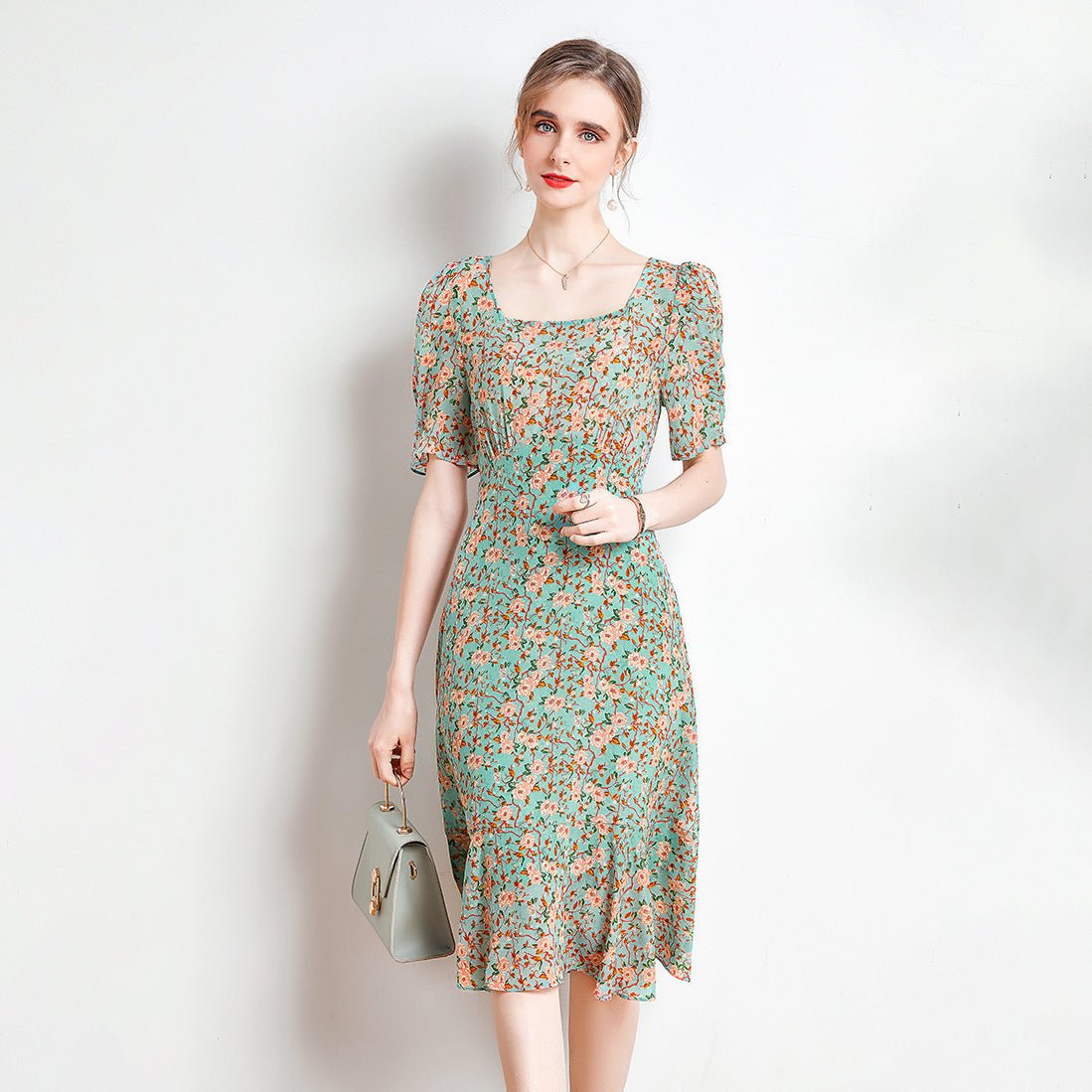 Womens Floral Silk Midi Dress Puff Sleeve Square Neck Silk Dresses Ivory XS