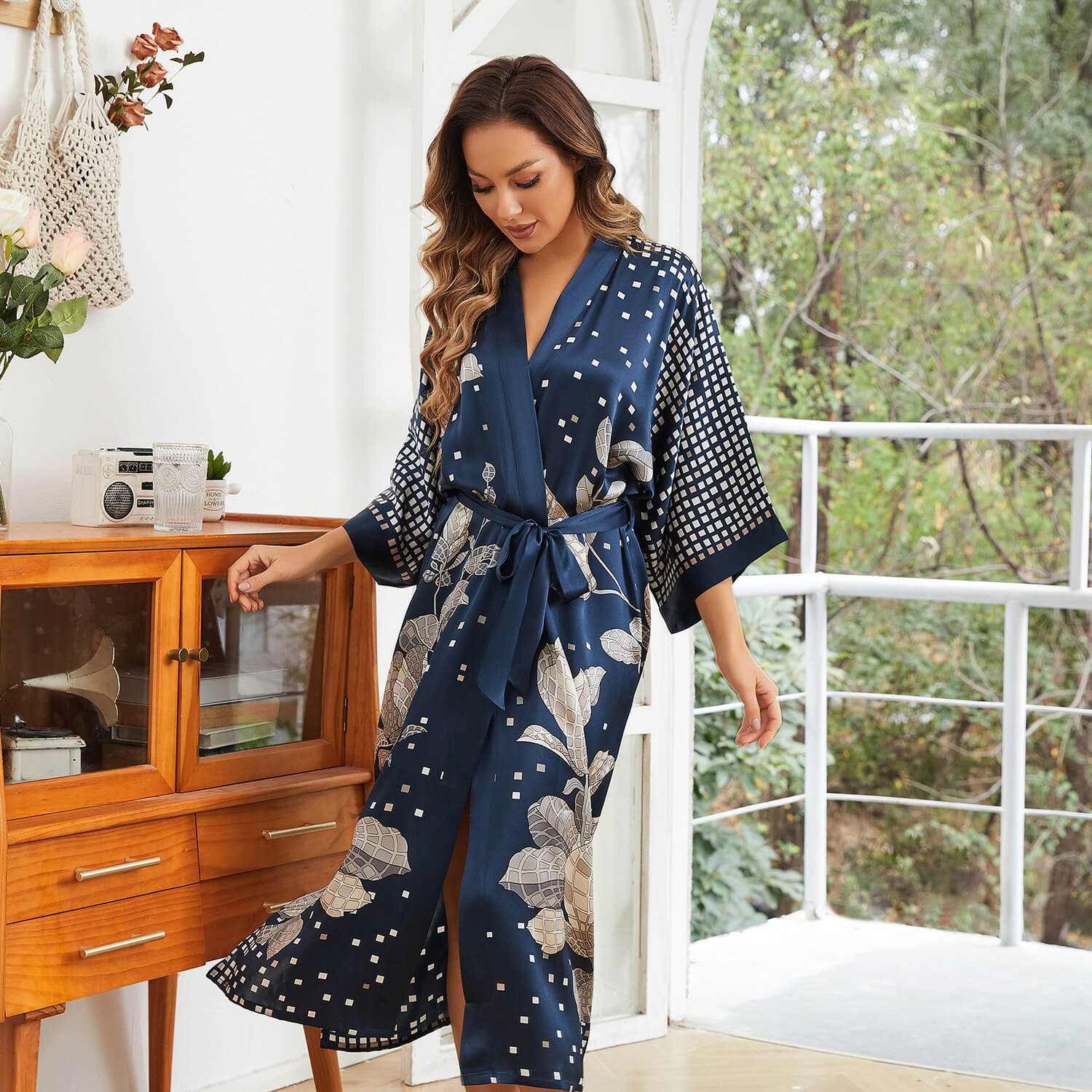 Womens Floral Print Silk Kimono Robe Pure Silk Dressing Gown