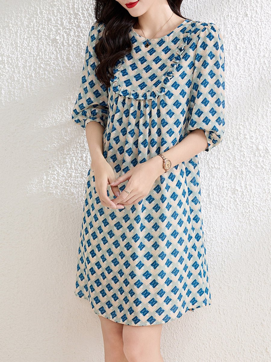 Womens Geometric Print Silk Mini Dress with Ruffle Detail