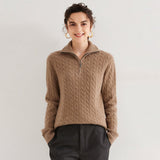 Womens Half-Zip Cable Knit Pure Cashmere Sweater Collared Cashmere Pullover Gray XS