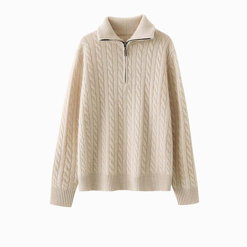 Womens Half-Zip Cable Knit Pure Cashmere Sweater Collared Cashmere Pullover Camel XS