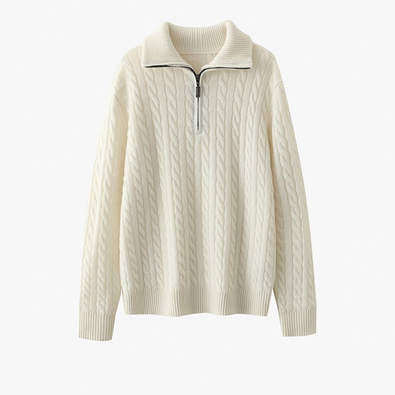 Womens Half-Zip Cable Knit Pure Cashmere Sweater Collared Cashmere Pullover Ivory XS
