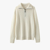 Womens Half-Zip Cable Knit Pure Cashmere Sweater Collared Cashmere Pullover Ivory XS