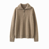 Womens Half-Zip Cable Knit Pure Cashmere Sweater Collared Cashmere Pullover Taupe XS
