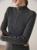 Womens Half-Zip Cashmere Sweater Mock Neck Ribbed Cashmere Pullover Gray XS
