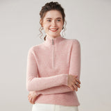 Womens Half-Zip Cashmere Sweater Mock Neck Ribbed Cashmere Pullover Pink XS
