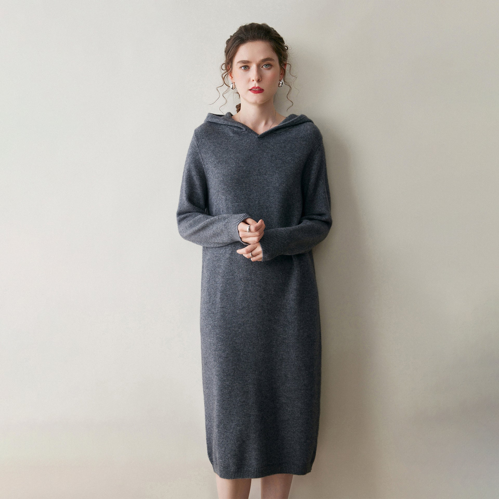 Womens Hooded Cashmere Sweater Dress Long Sleeve Cashmere Midi Dress Gray XS