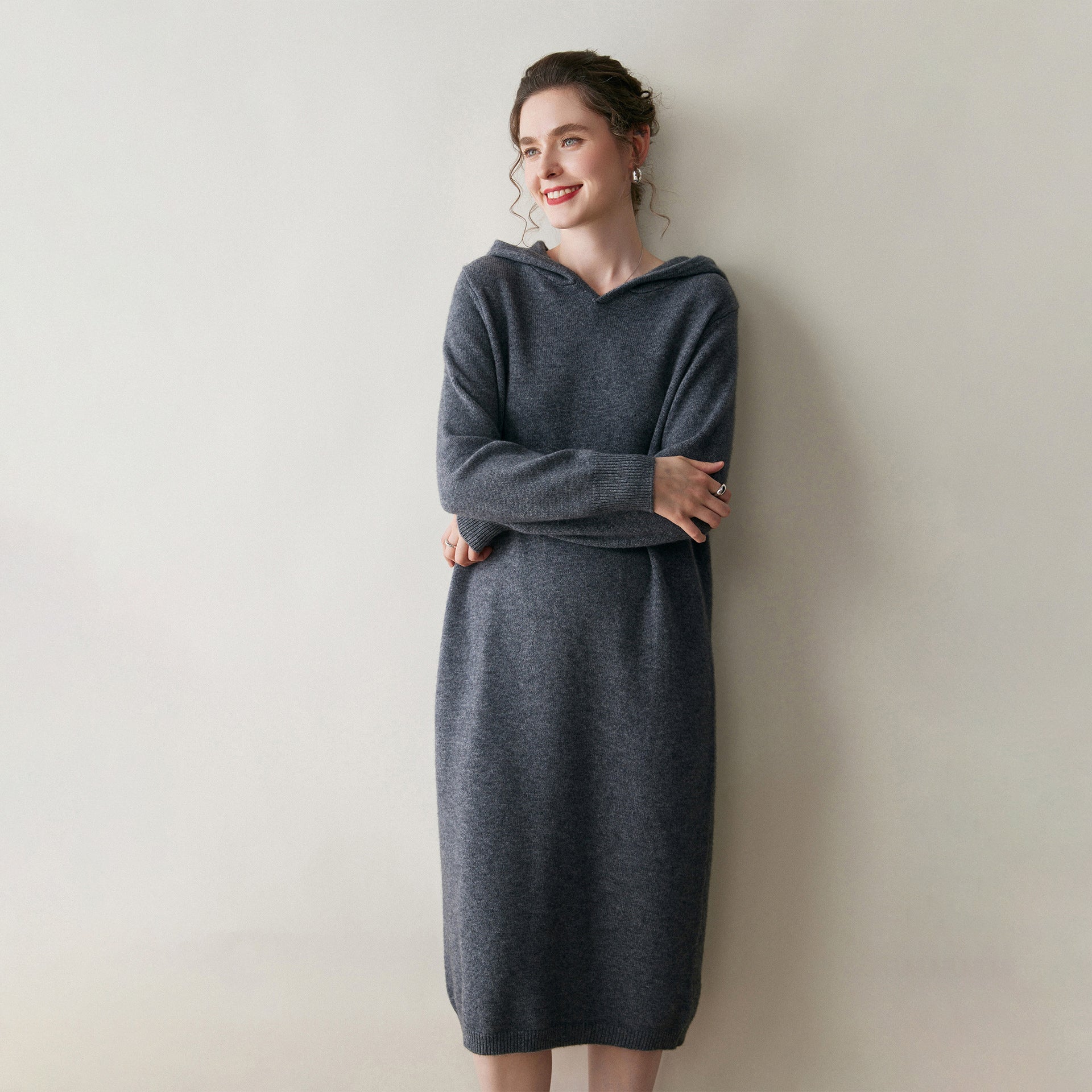 Womens Hooded Cashmere Sweater Dress Long Sleeve Cashmere Midi Dress Gray XS