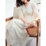 Womens Jacquard Lace Silk Maxi Dress Long Sleeve Silk Dress