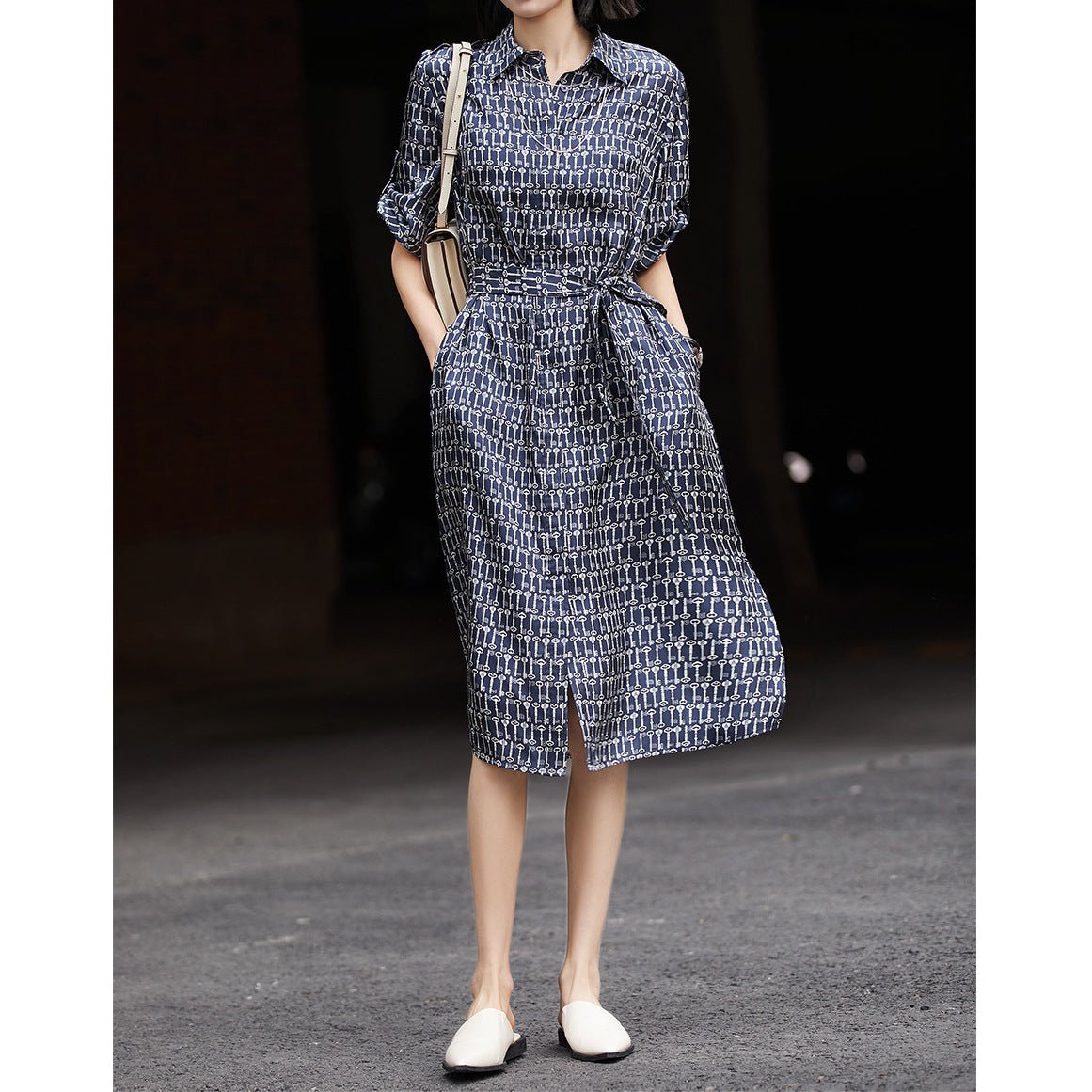 Womens Key Print Silk Shirt Dress Belted Silk Midi Dress Navy Blue XS